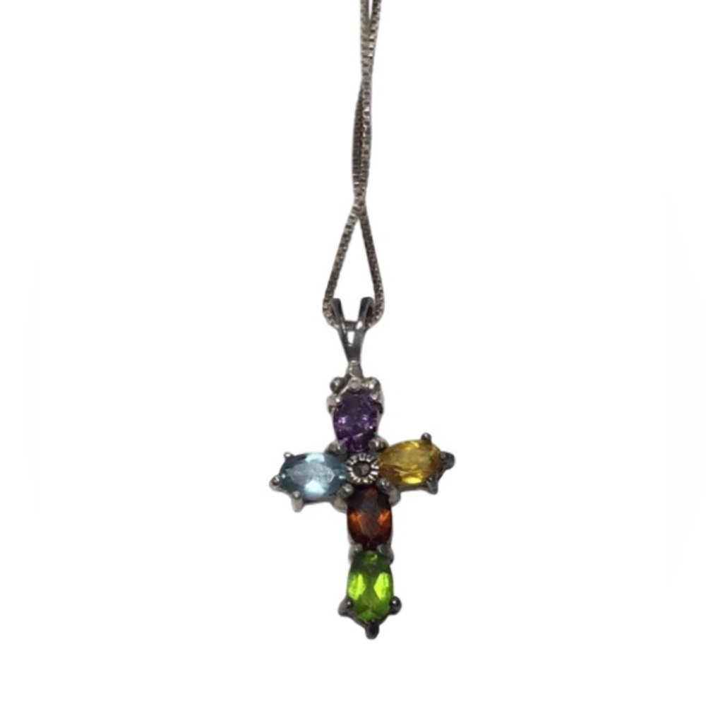 Sterling Silver Multi Gemstone Cross Pendant Necklace